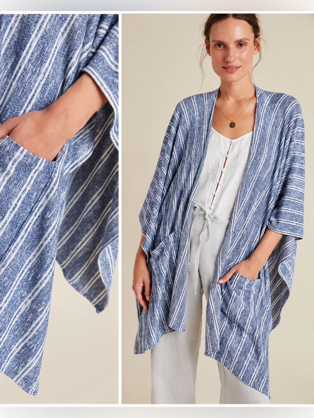 Anthropologie Saturday Sunday Barlia Blue Striped Kimono Pockets One Size NWT